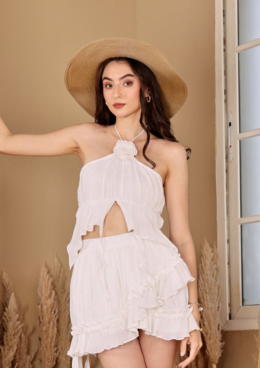 Siora Ivory Halter Top with gathered bodice and soft frills, perfect for sunset dates