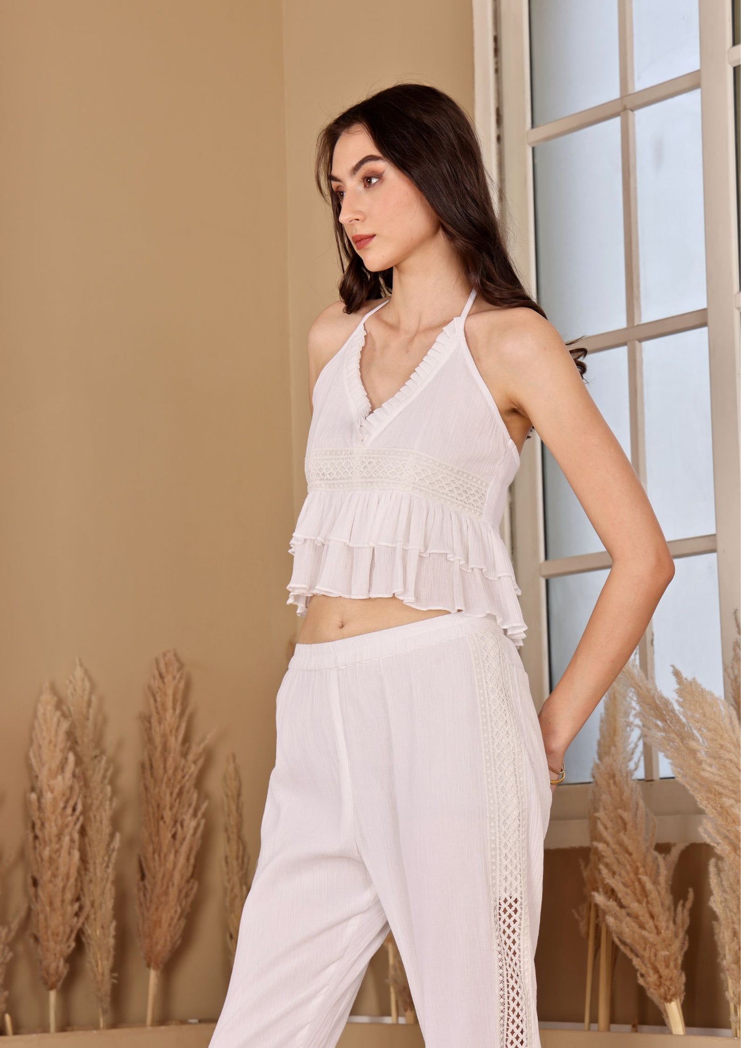 Seora White Co-ord Set in crushed cotton with tie up halter top, perfect for resort wear