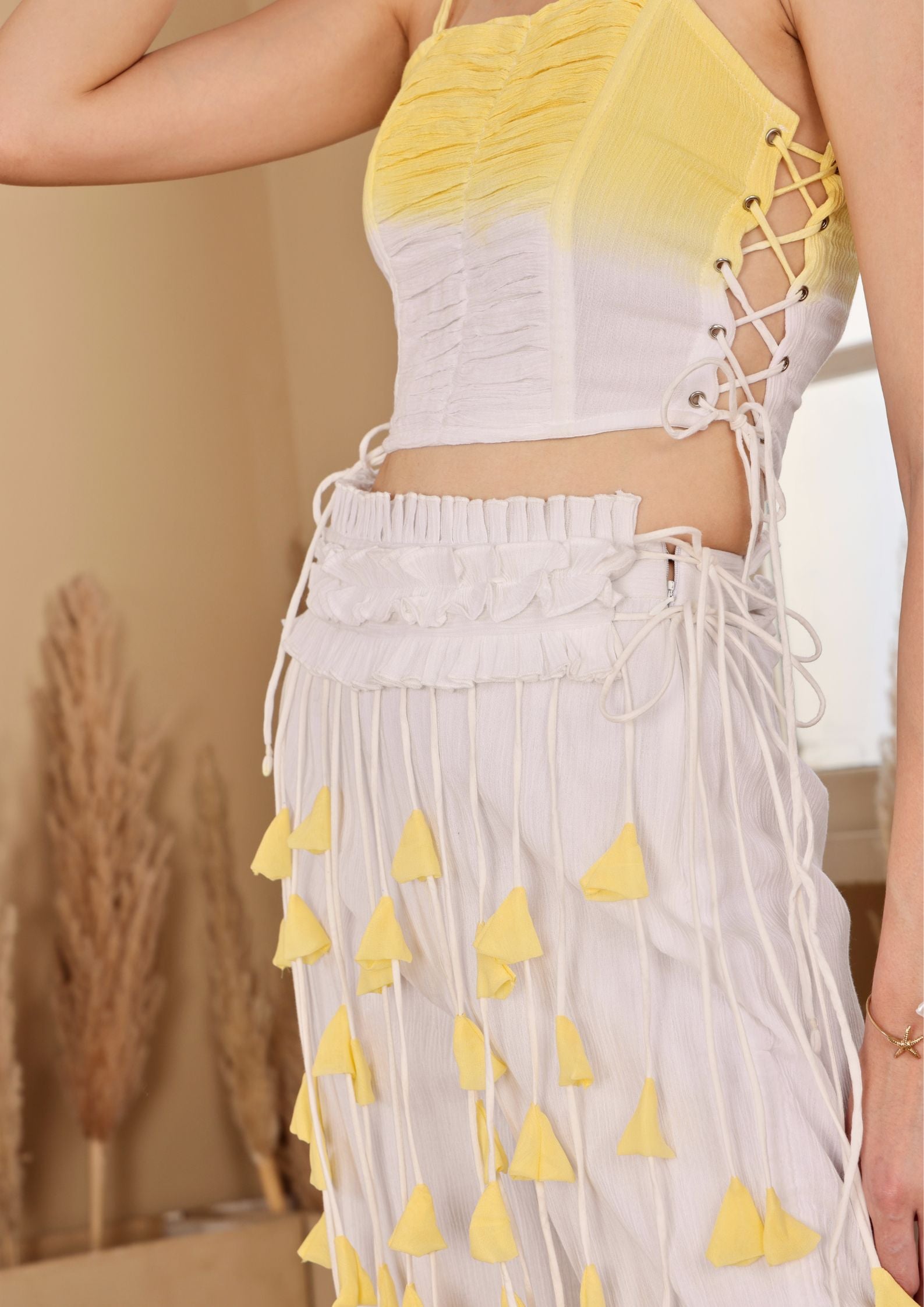 Sioraa Pearl Yellow Co-ord Set with luminous tones and elegant fit, perfect for summer parties