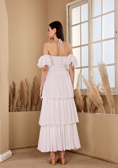 Sehora Elegant White Dress with romantic frill accents and flowing shape, perfect for summer getaways