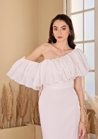 Sehora Elegant White Dress with romantic ruffle accents, perfect for resort wear