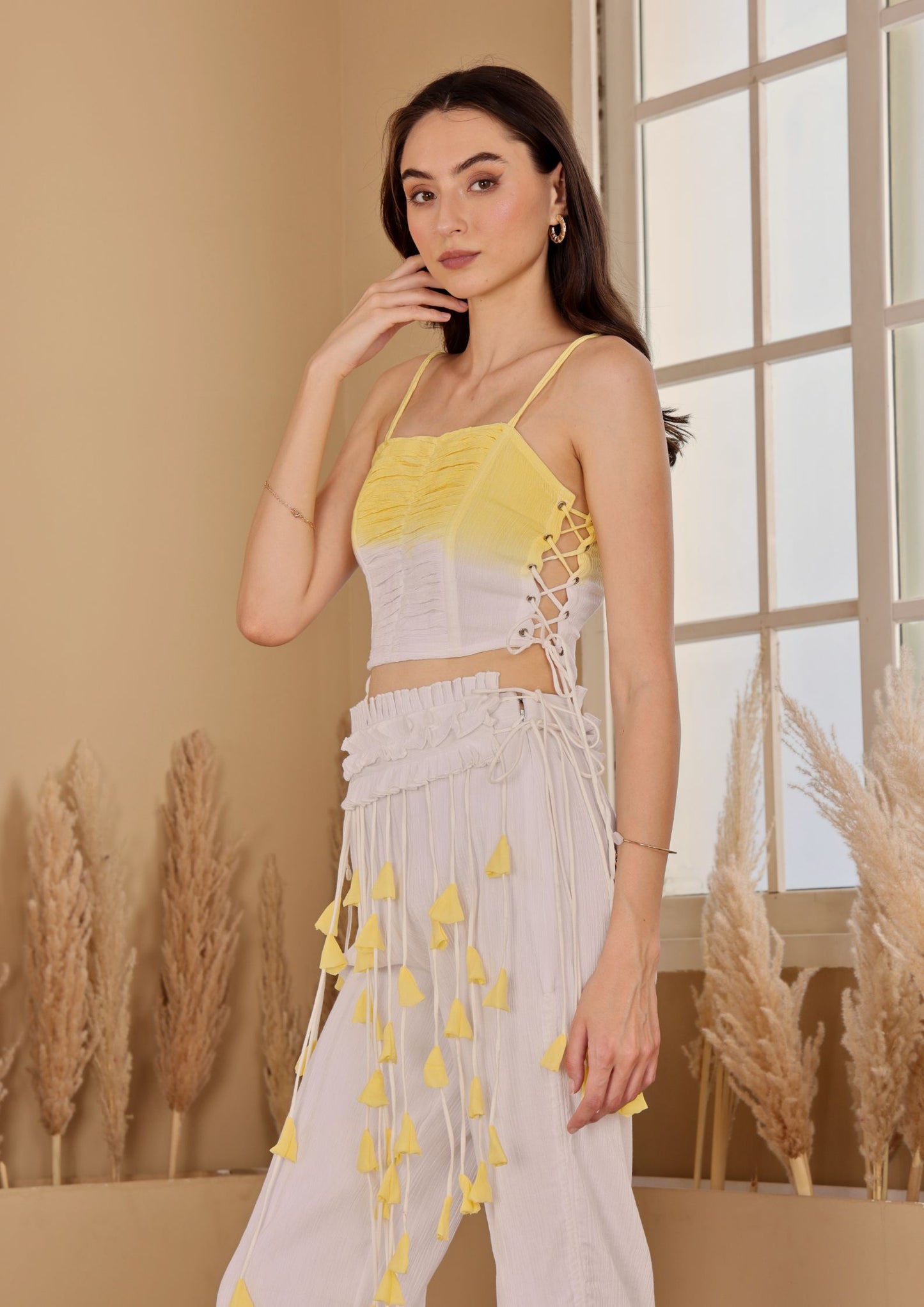 Sehora White Yellow Set with playful belt strings and chic style, perfect for resort wear