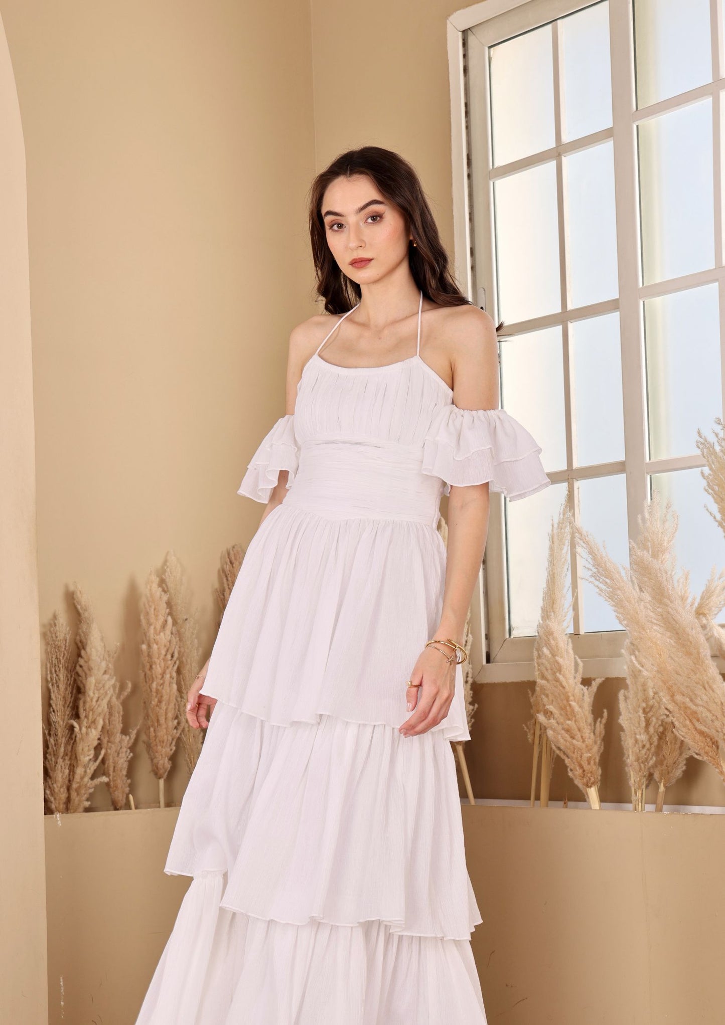 Seoraa White Halter Dress with ruched bodice and layered tiered hem, perfect for beach vacations