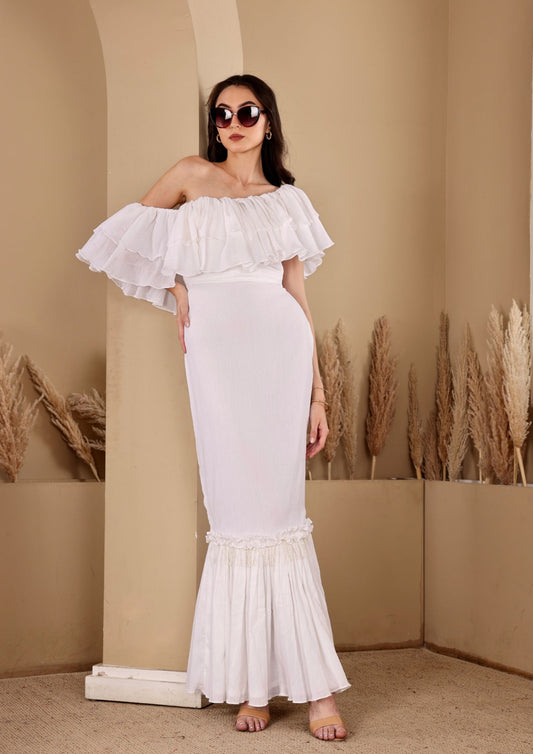 Seoraa White Dress with off shoulder layered ruffles and ruched bodice, perfect for beachside evenings