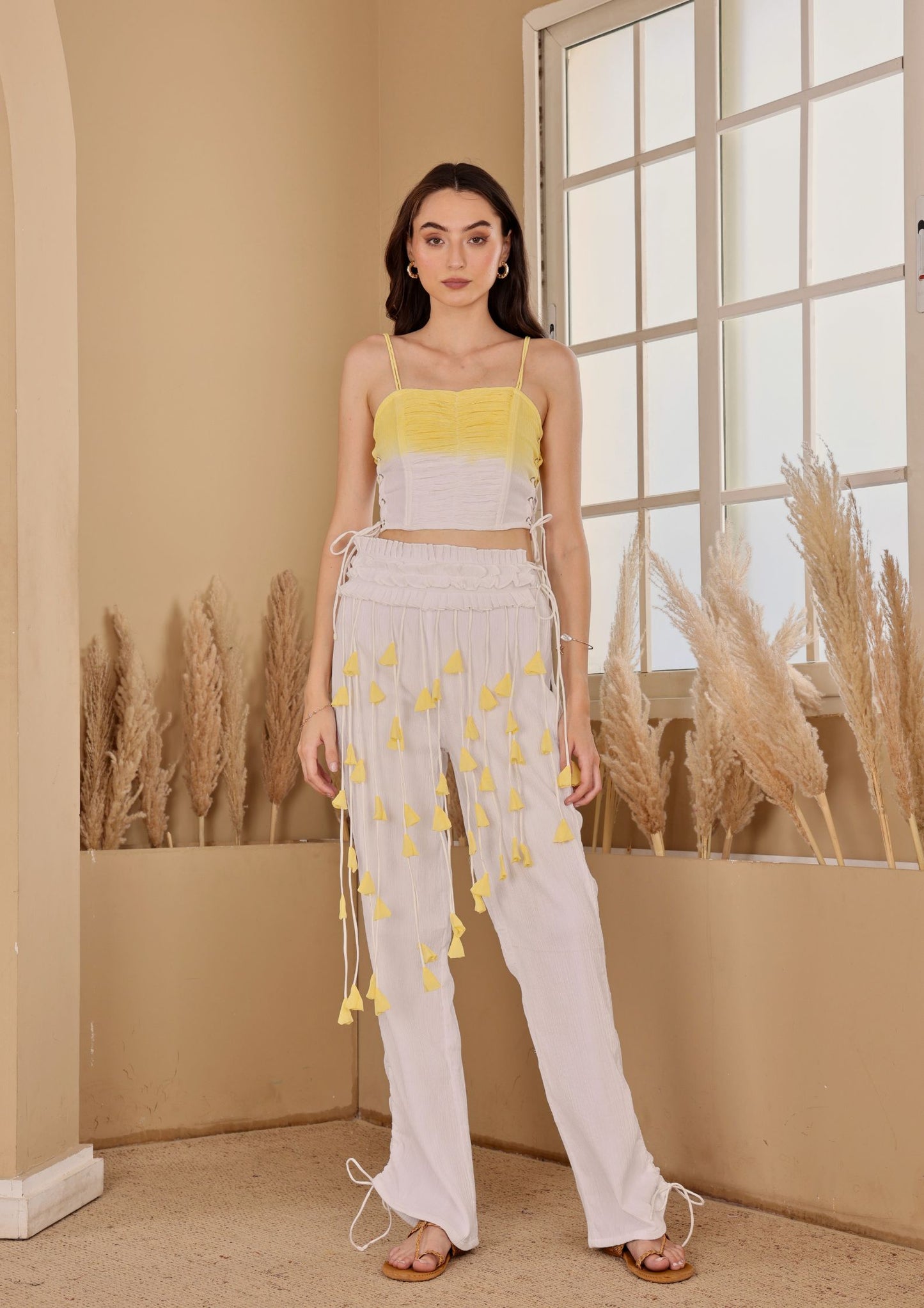 Seoraa White Yellow Co-ord Set with ruched top and fitted pants, perfect for brunch outings