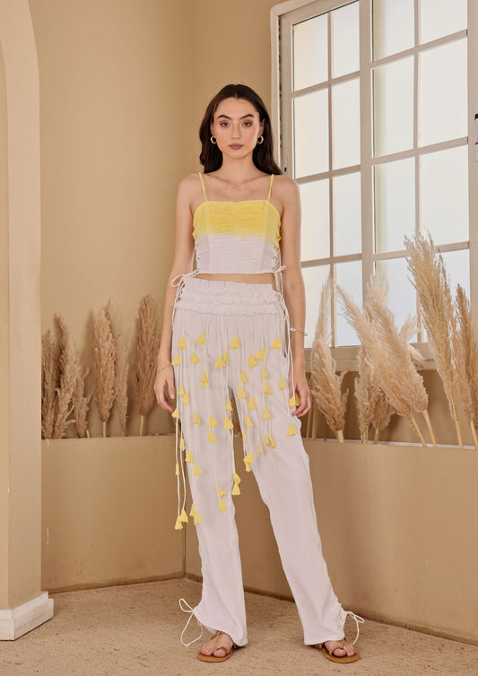 Seoraa White Yellow Co-ord Set with ruched top and fitted pants, perfect for brunch outings
